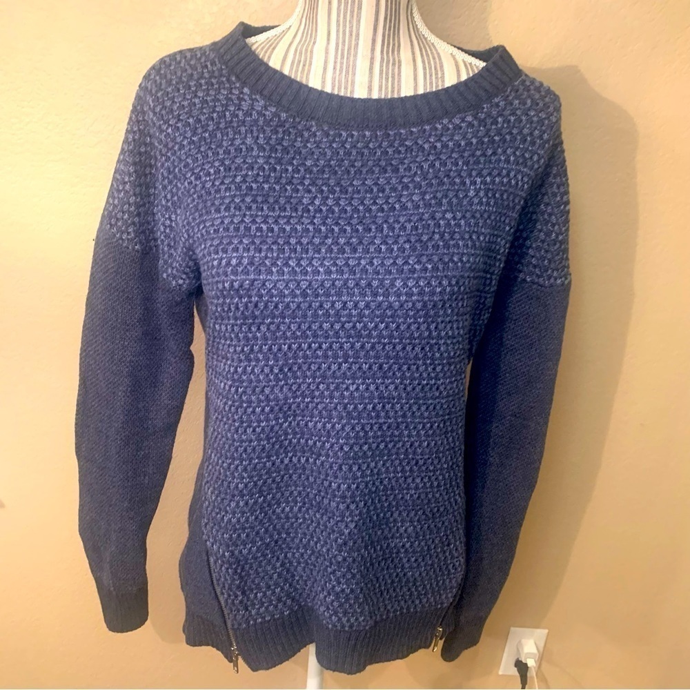 Banana Republic Sweater Small Navy Blue Crewneck Textured Zip Sides Cotton